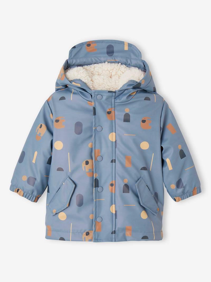 Baby Regenjacke mit Teddyfleecefutter und Recycling-Polyester - blau bedruckt